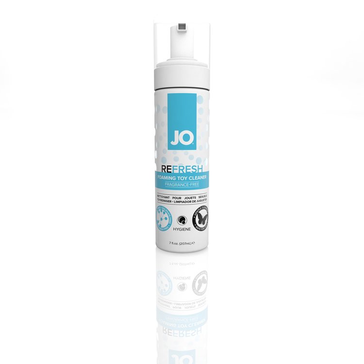 blue and white bottle with clear cap advertising JO Refresh Foaming Toy Cleaner