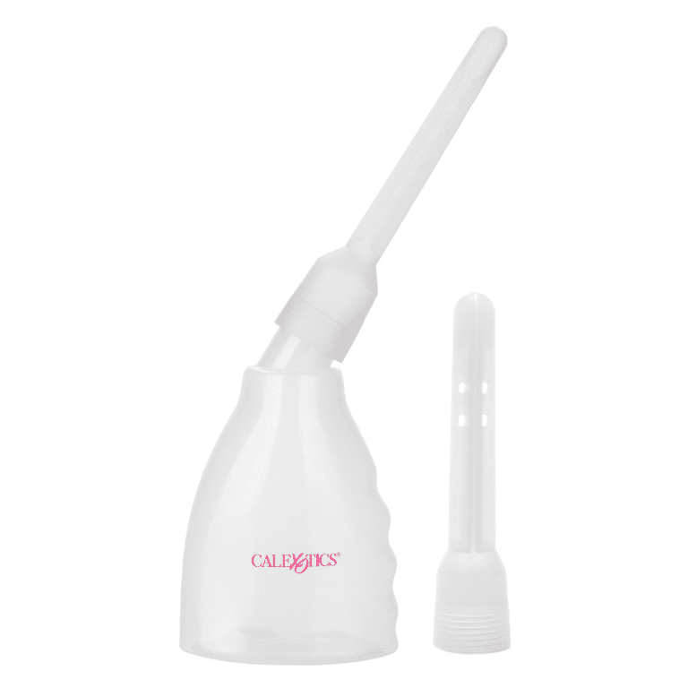 a white douche with a red logo and a second nozzle next to it against a white background