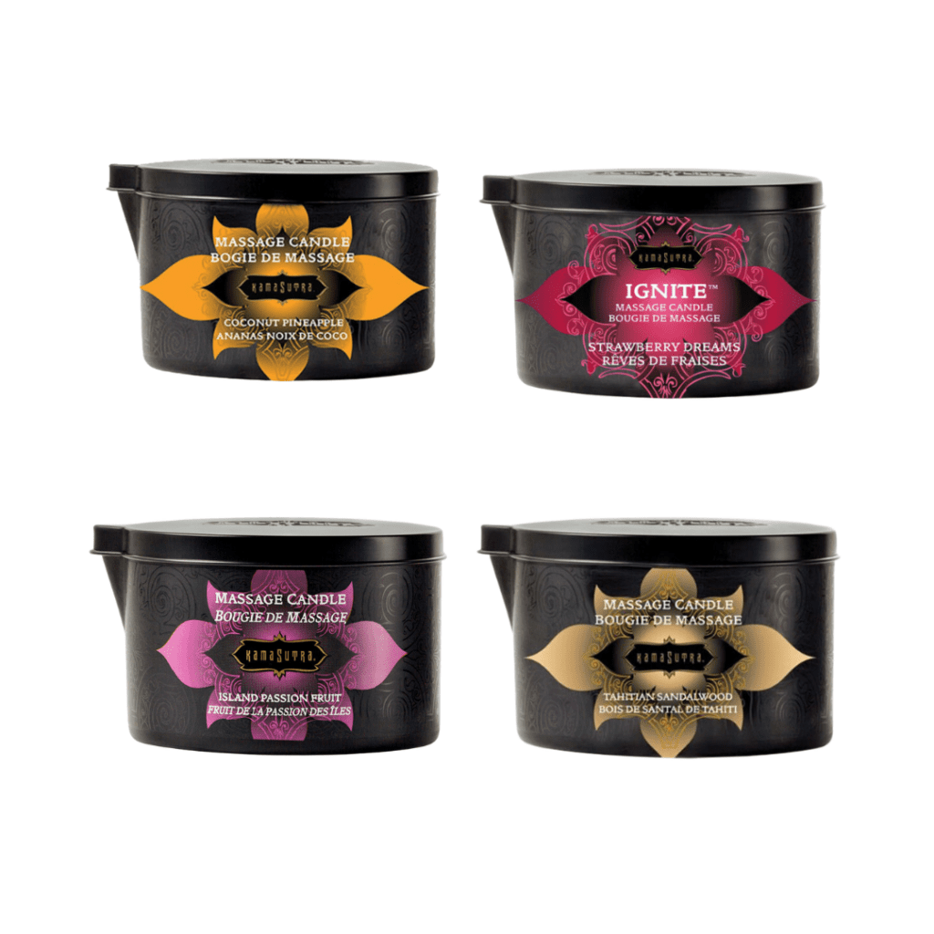 picture of four indivdual metal tins containing kama sutra massage candle