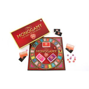 white background with red board game with playing pieces and cards for Monogamy a Hot Affair with your Partner Game