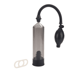 white background with smoke gray plastic mens penis pump with black silicone cord and pump and white pump ring