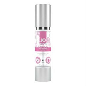White glass bottle with silver cap and pink label and writing