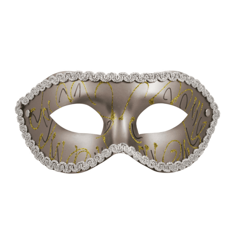 a silver masquerade mask with gold, white and glitter accents against a white background