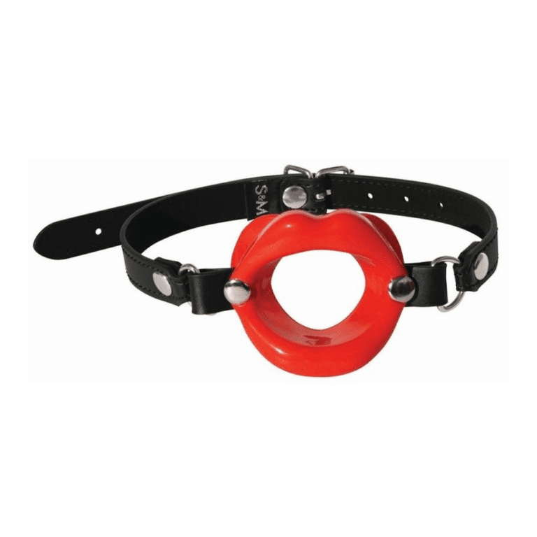 red silicone open lips with a black adjustable head strap against a white background