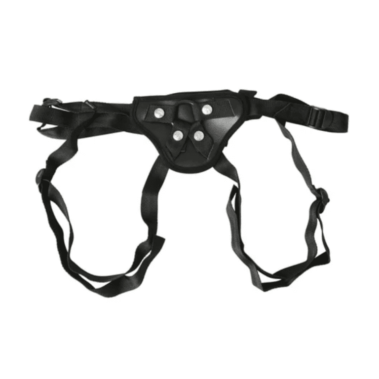black faux leather strapon harness laid flat against a white background