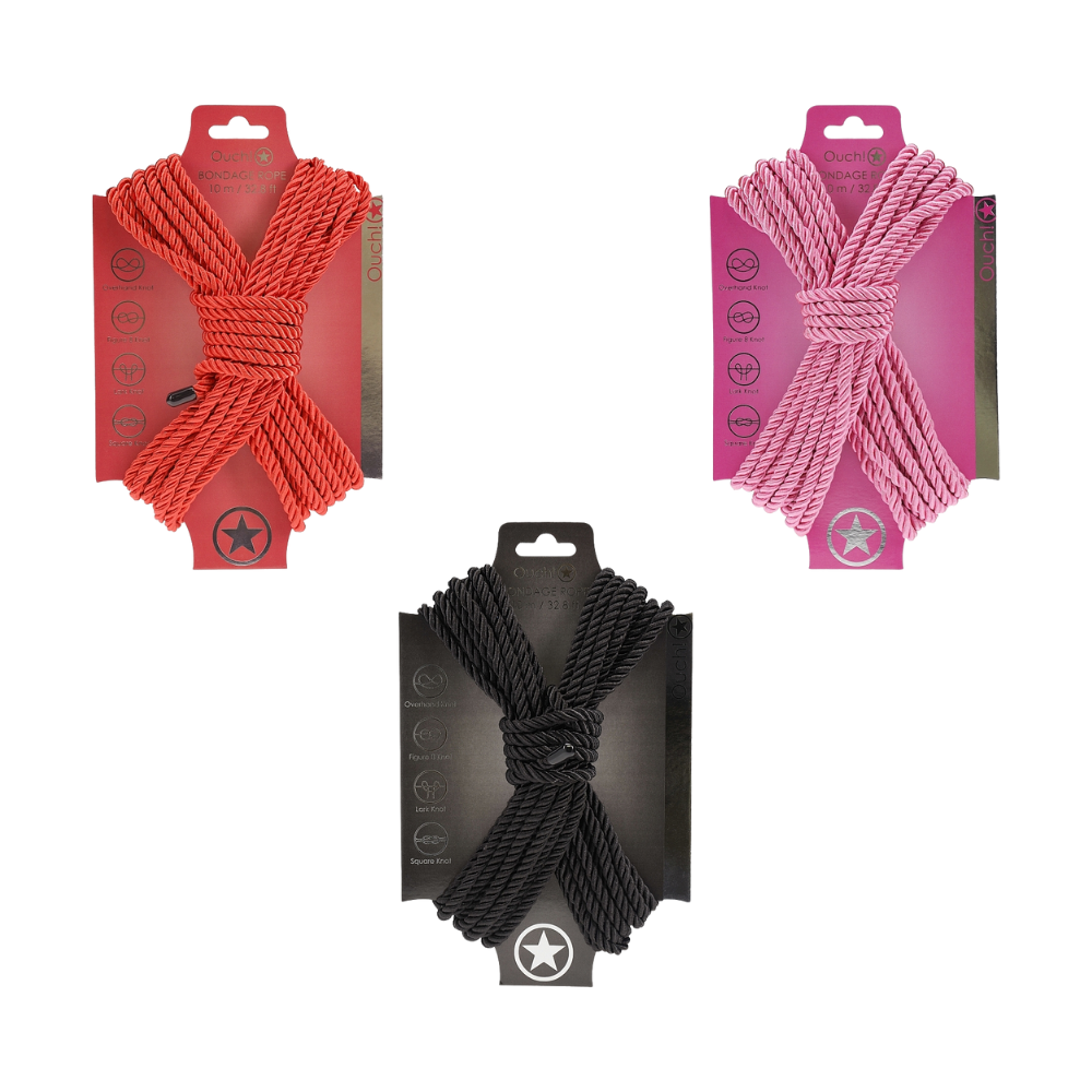 white background with three different groupings of bondage rope on a cardboard card in red, pink and black