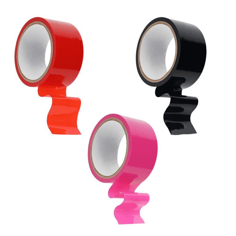ouch bondage tape in black, pink, and red