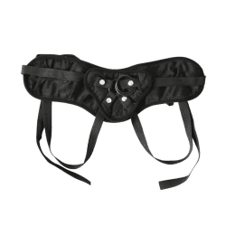 a black strap-on harness laid flat against a white background