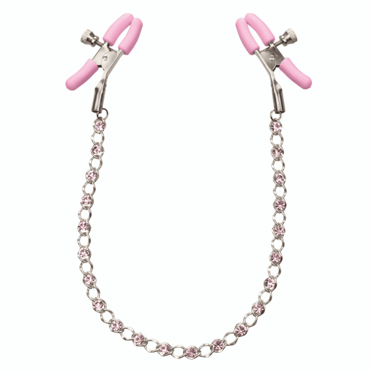 pink nipple clamps connected by a silver and pink crystal chain in a u shape against a white background