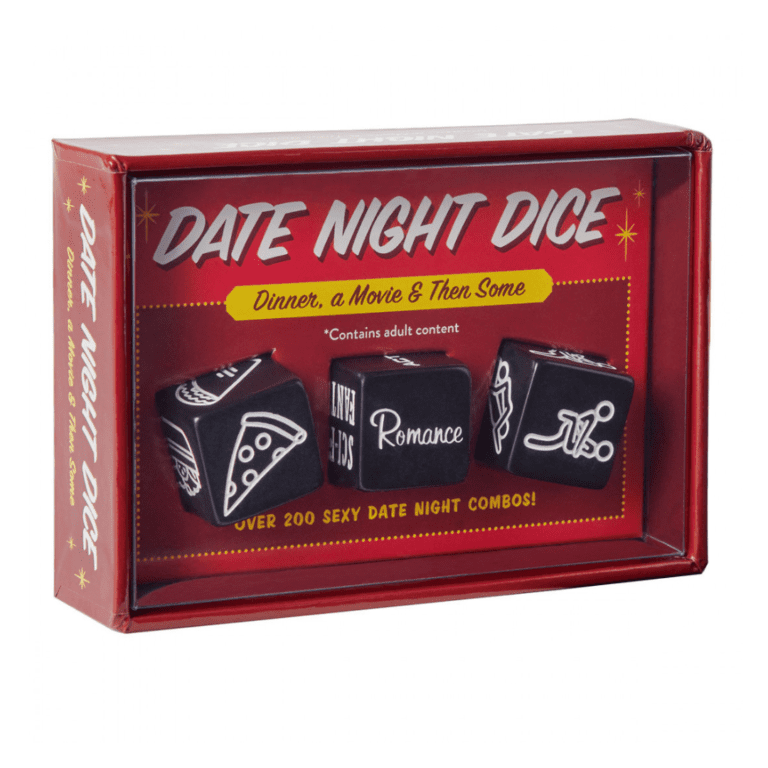 this is an image of a red box containing three black date night dice