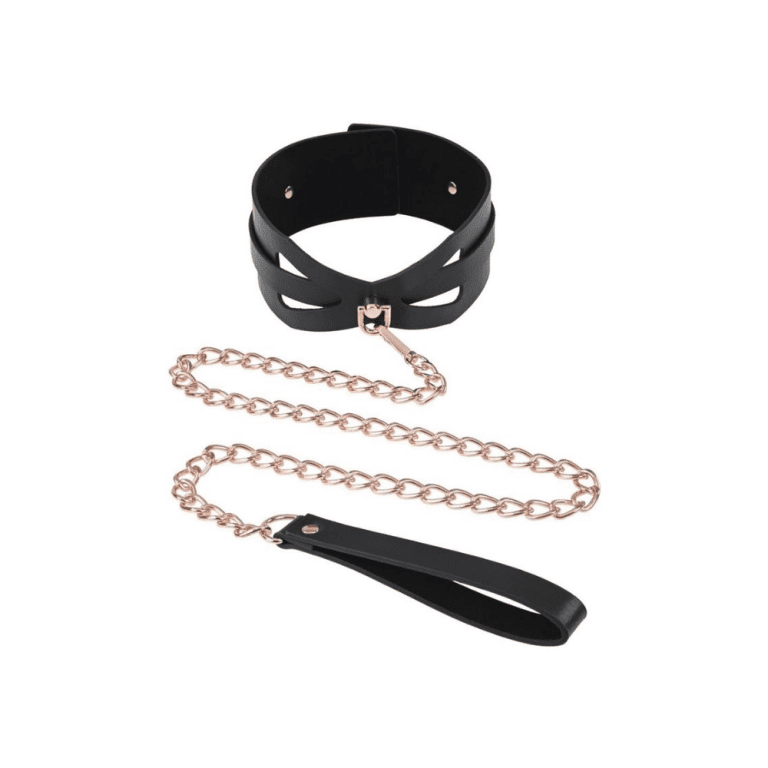 a black thick collar with a gold chain against a white background