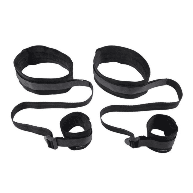 a set of thigh and wrist cuffs against a white background