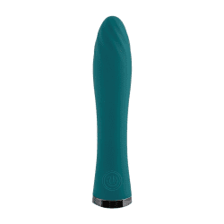 teal silicone vibrator with ridges at the top