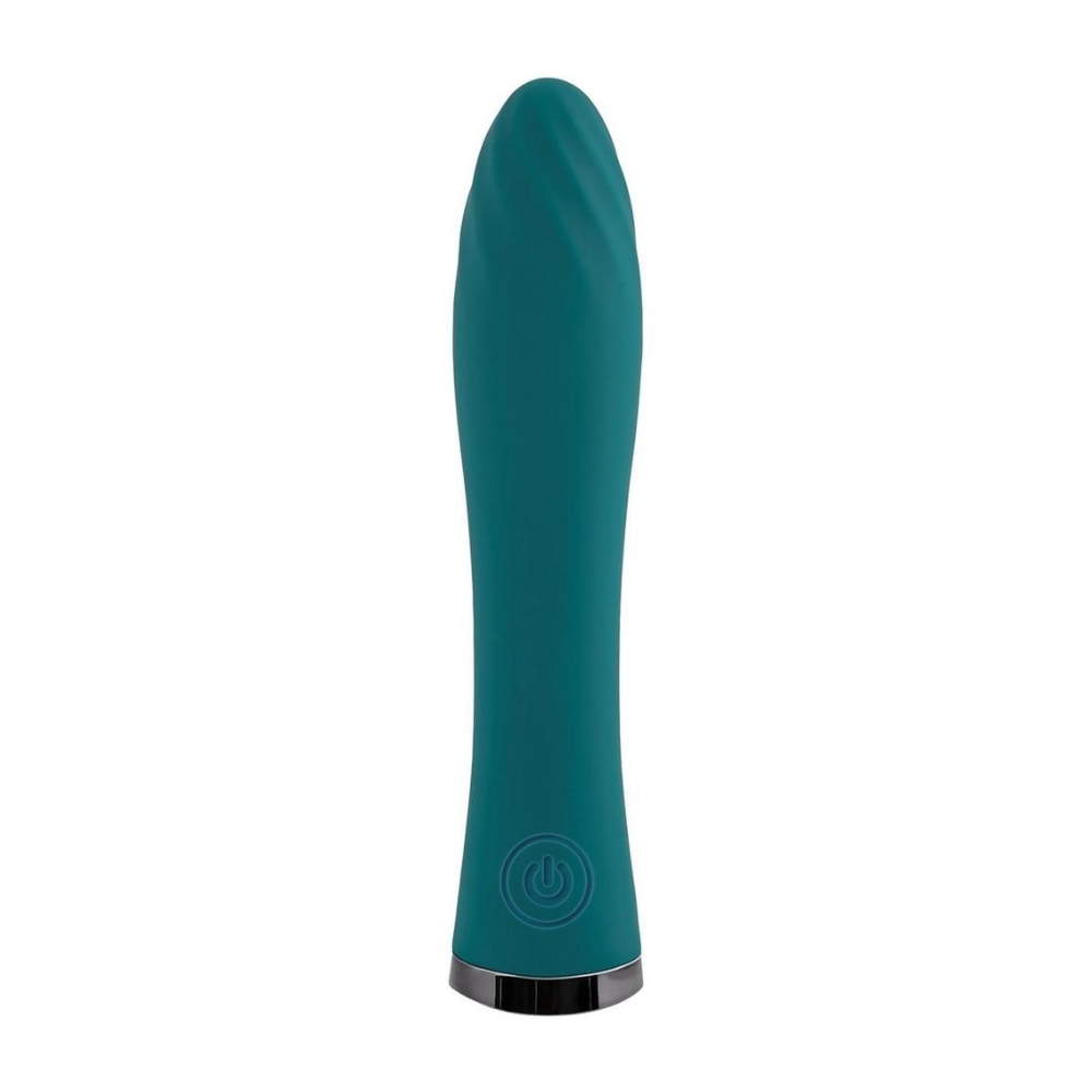 teal silicone vibrator with ridges at the top