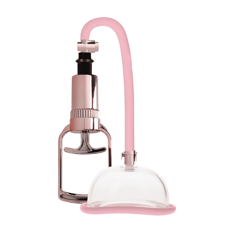 Rose Gold Handled Pussy Pump with a pump handle connected to a pink tube and a clear plastic sleeve with a silicone band used to surround the pussy and pump with