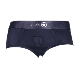black nylon strap on compatible briefs with a cutout at the crotch to insert a dong or dildo and a black waistband with white lettering with the words ouch and a white star bordered in a white circle on a white background