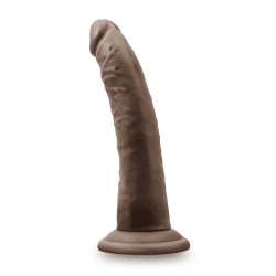 a dark skin toned phallic dildo without balls and a suction cup base against a white background