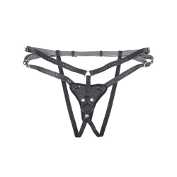 a high-waisted faux leather harness for dildos against a white background