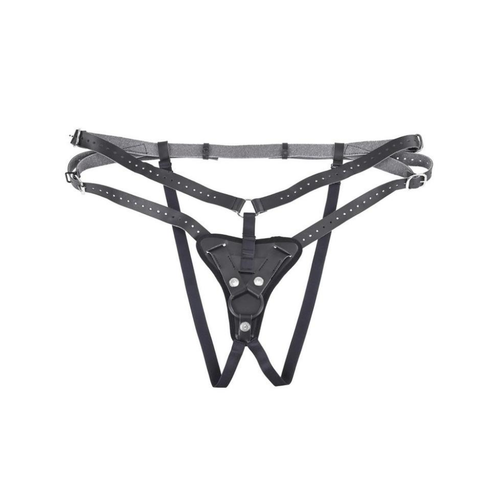 a high-waisted faux leather harness for dildos against a white background