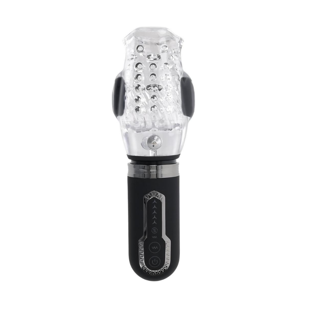 stroker toy with black handle and clear textured chamber