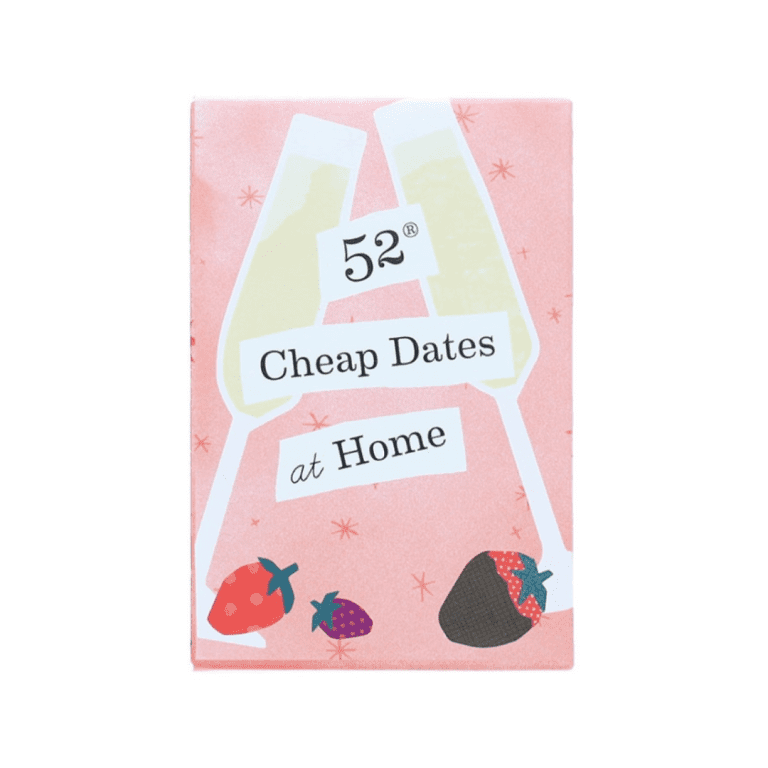 image depicts a pink packet of cards with two champagn glasses on it and strawberries and the words 52 cheap dates at home