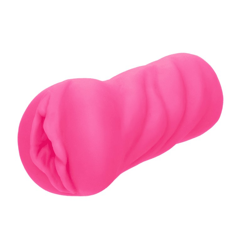 a pink realistic vulva mold masturbator against a white background