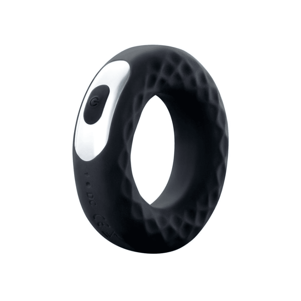 black silicone cock ring with silver button control 