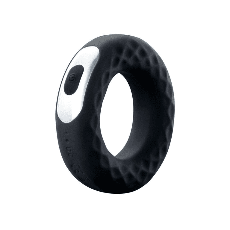 black silicone cock ring with silver button control