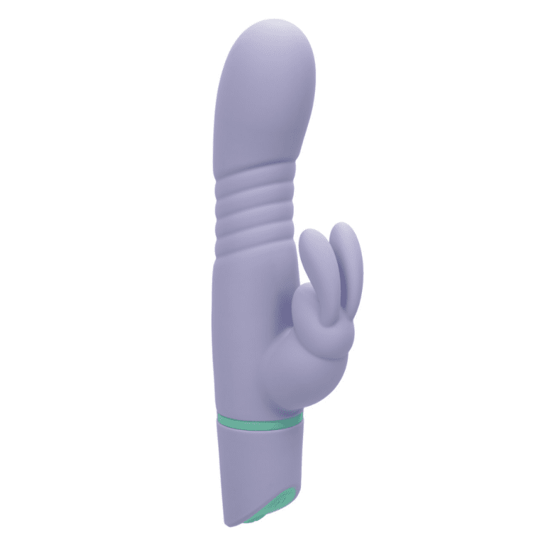 a light purple rabbit vibrator with green accents against a white background