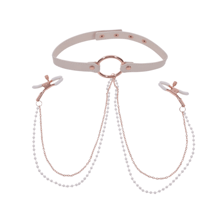 a pink and rose gold collar with pearl nipple clamps against a white background