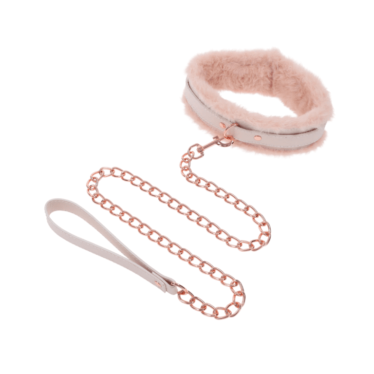a peach and rose gold furry collar against a white background