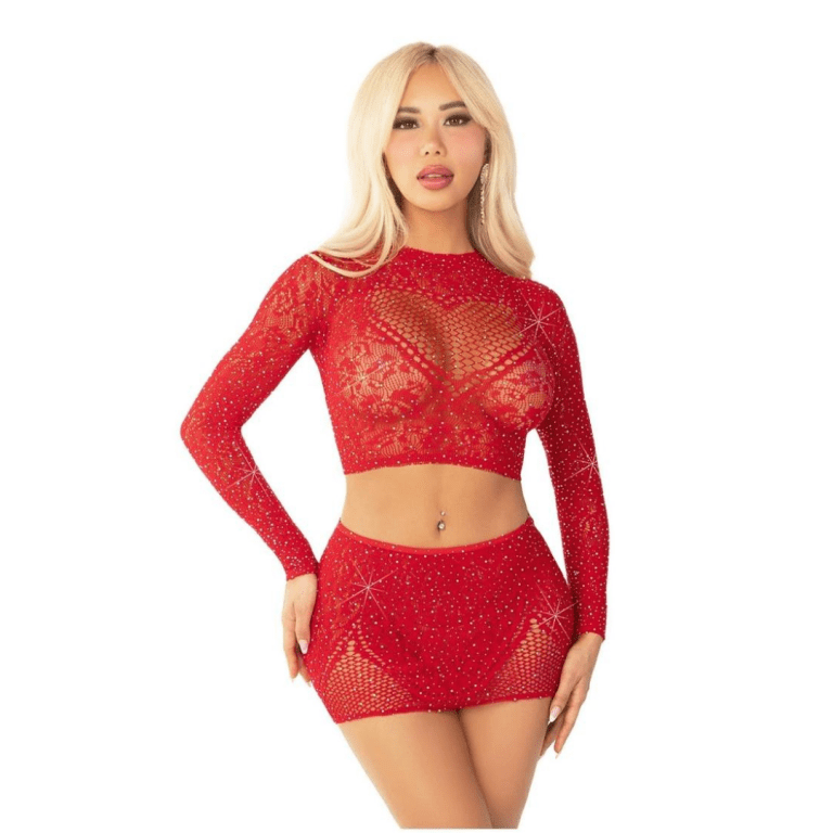 leg avenue rhinestone crop top and mini skirt in red