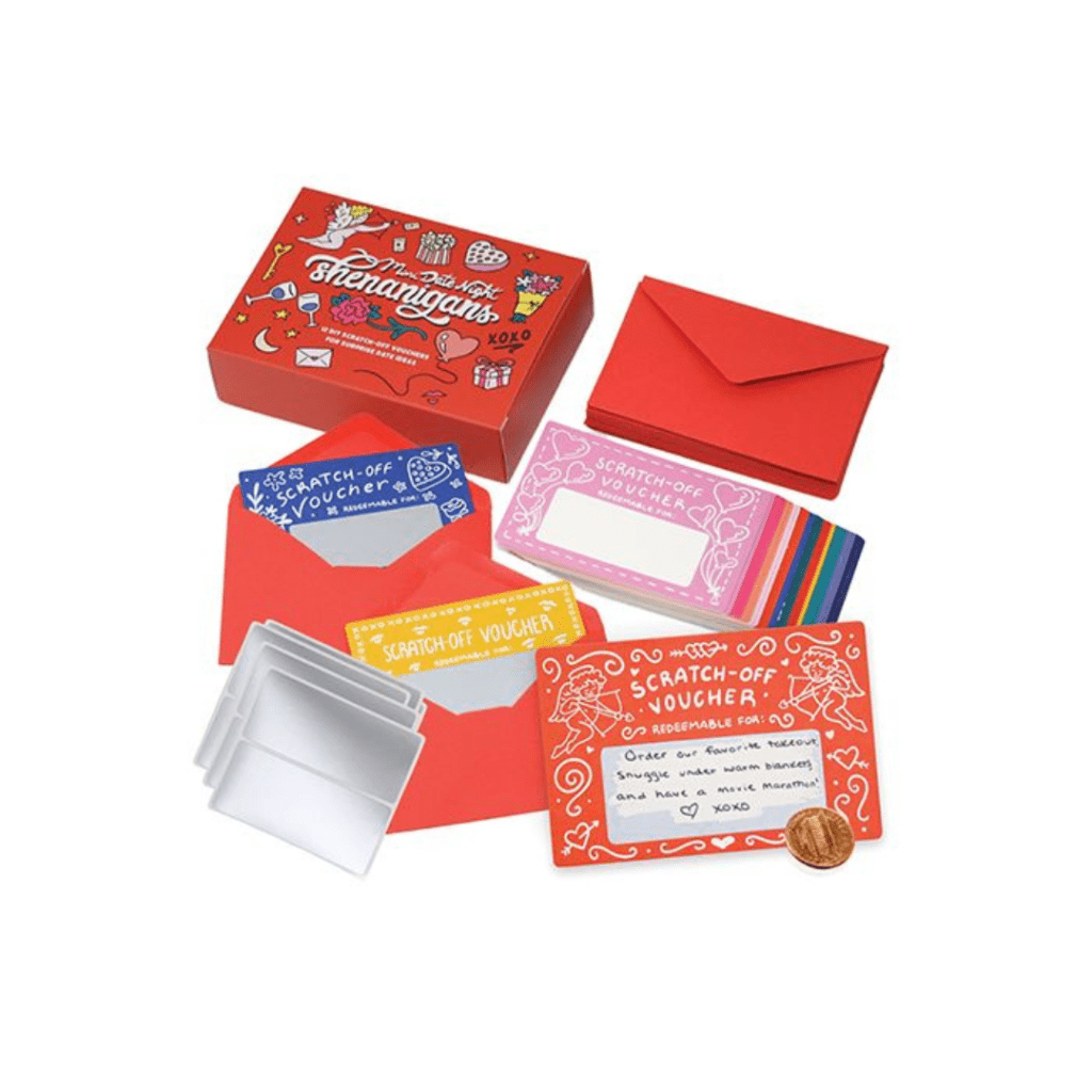 red box open to mini date night shenanigans  envelopes and dares 