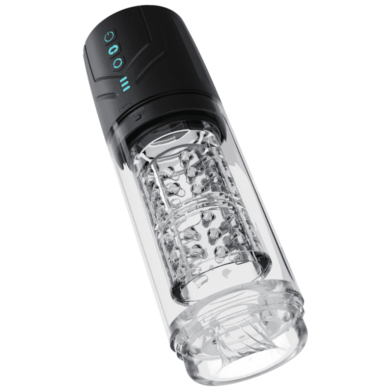 a black and clear masturbator with blue function buttons against a white background