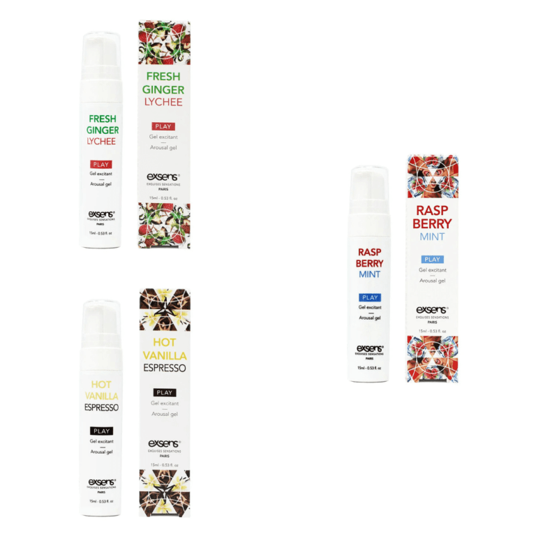 EXSENS Cooling Arousal Gel in Raspberry Mint, Ginger Lychee, and Hot Vanilla Espresso – kissable, vegan gel with intense cooling sensation for enhanced intimacy