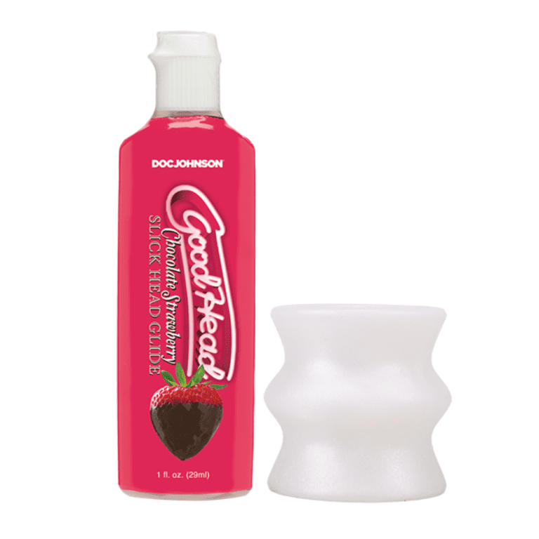 clear stroker with ribbed inner chamber and chocolate strawberry flavored lubricant included