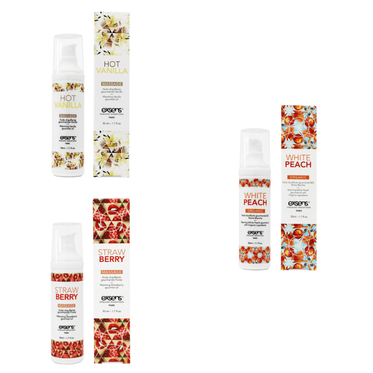 EXSENS Warming Intimate Massage Gel in Hot Vanilla, Strawberry, and White Peach – vegan, paraben-free foreplay gel with gentle warming effect