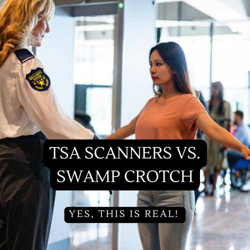 PHOTO OF TSA WOMAN WANDING FEMALE TRAVELER AT AIRPORT WITH CAPTION TSA SCANNERS VS SWAMP CROTCH, YES THIS IS REAL