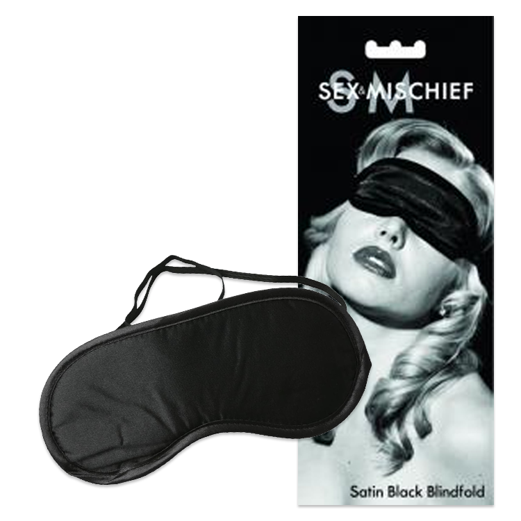 Picture of a black satin blindfold with an elastic strap on a white background alongside a picture of the packaging which features a woman wearing the blindfold and the name of the company Sex and Mischief