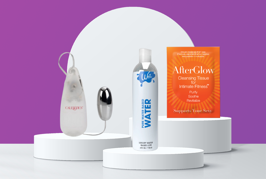 Beginning sex toy bundle for women including silver bullet vibrator, water based lubricant and an after glow cleansing wipe