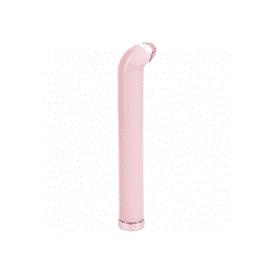 a pink glass g-spot vibrator against a white background