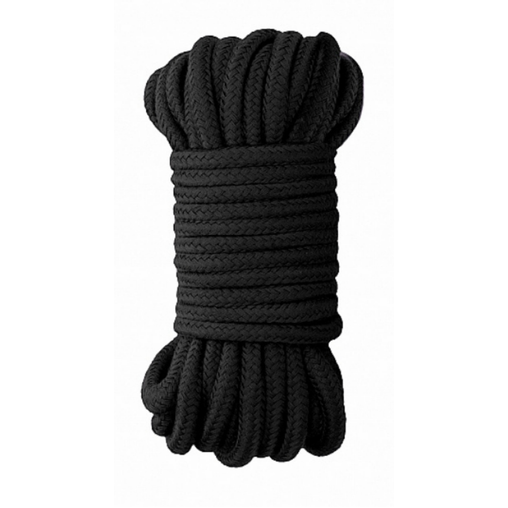 picture of a bundle of black polyester rope on a white background