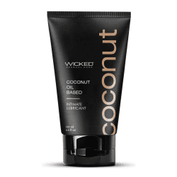 a black squeeze bottle with white branded wording and brown letters along the side spelling 'coconut' against a white background