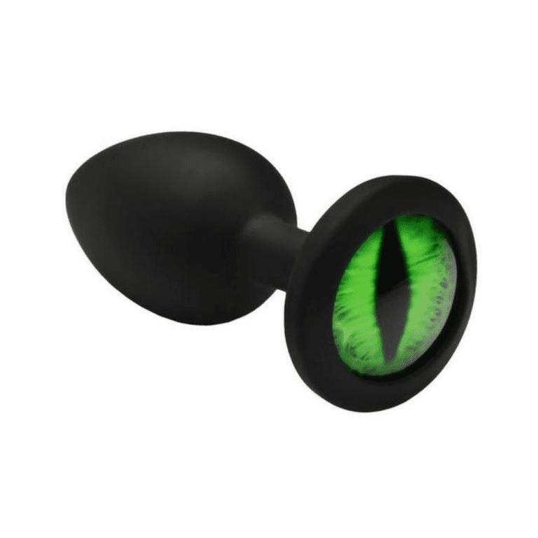 black butt plug with a glass green cat eye gem at the base against a white background