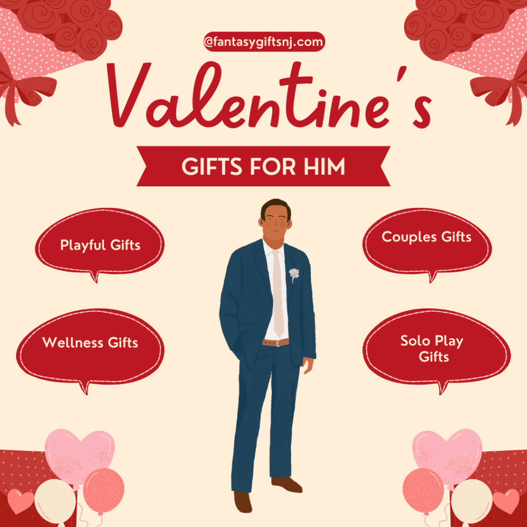 cartoon picture of man with valentine's gift ideas for him captioning