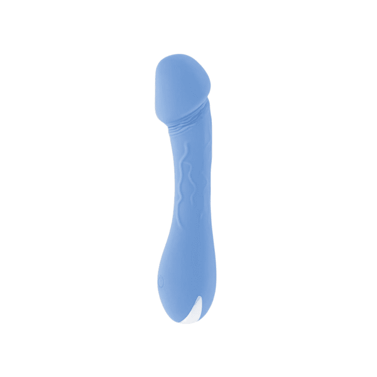 blue mini vibrator that is gently curved with lifelike features and chrome detail on base