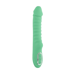 green ribbed dildo with warming and vibration functions and chrome details on the handle