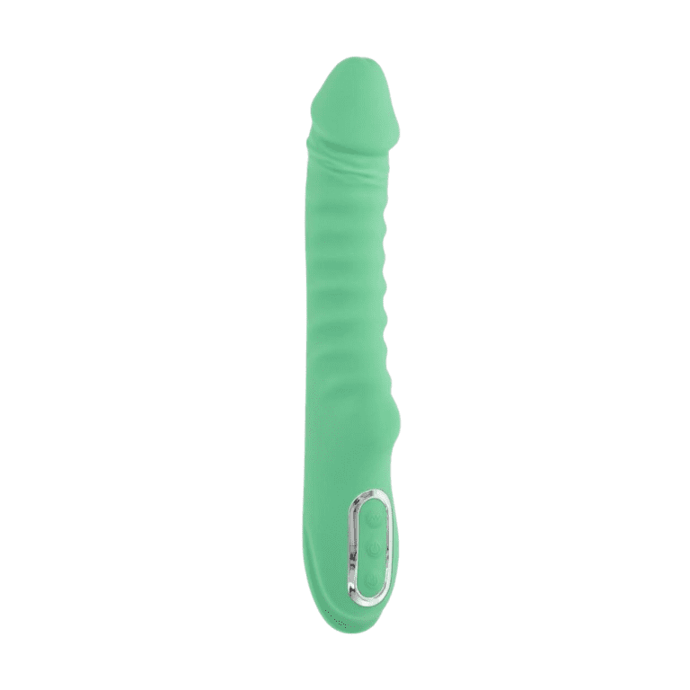 green ribbed dildo with warming and vibration functions and chrome details on the handle