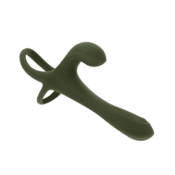 green strapless strap on with cock ring and tapping function on the tip for g spot stimulation