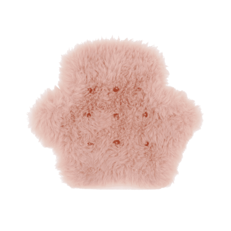 faux fur and shimmery lycra glove with rose gold spikes embedded into the palm side